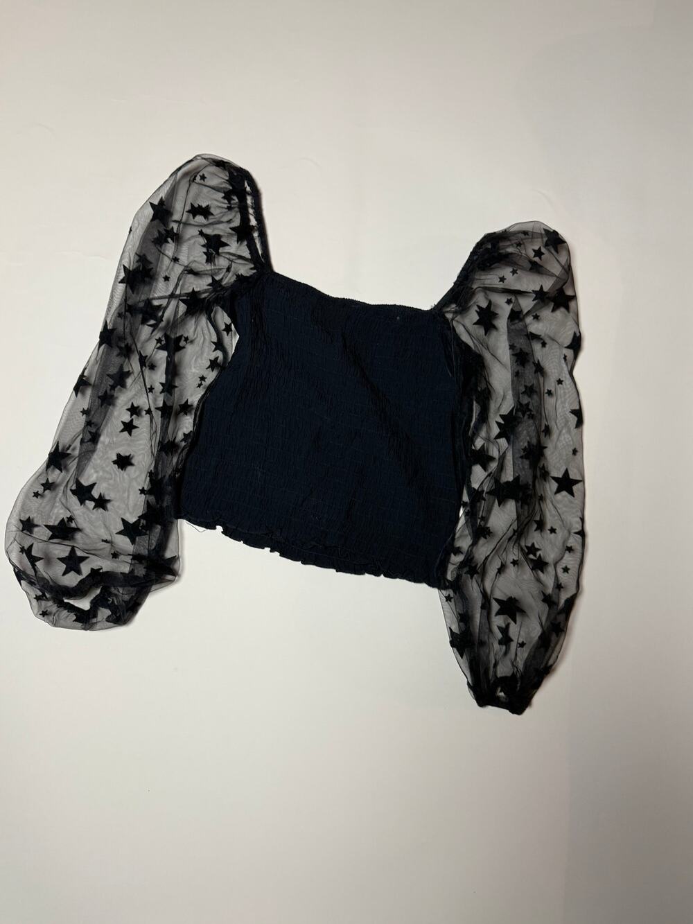 Black Smocked Crop Top Sheer Star Mesh Puff Sleeve